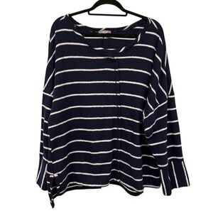 Habitat Womens XL Top Navy Blue White Striped Textured Cotton‎ Lagenlook  Shirt